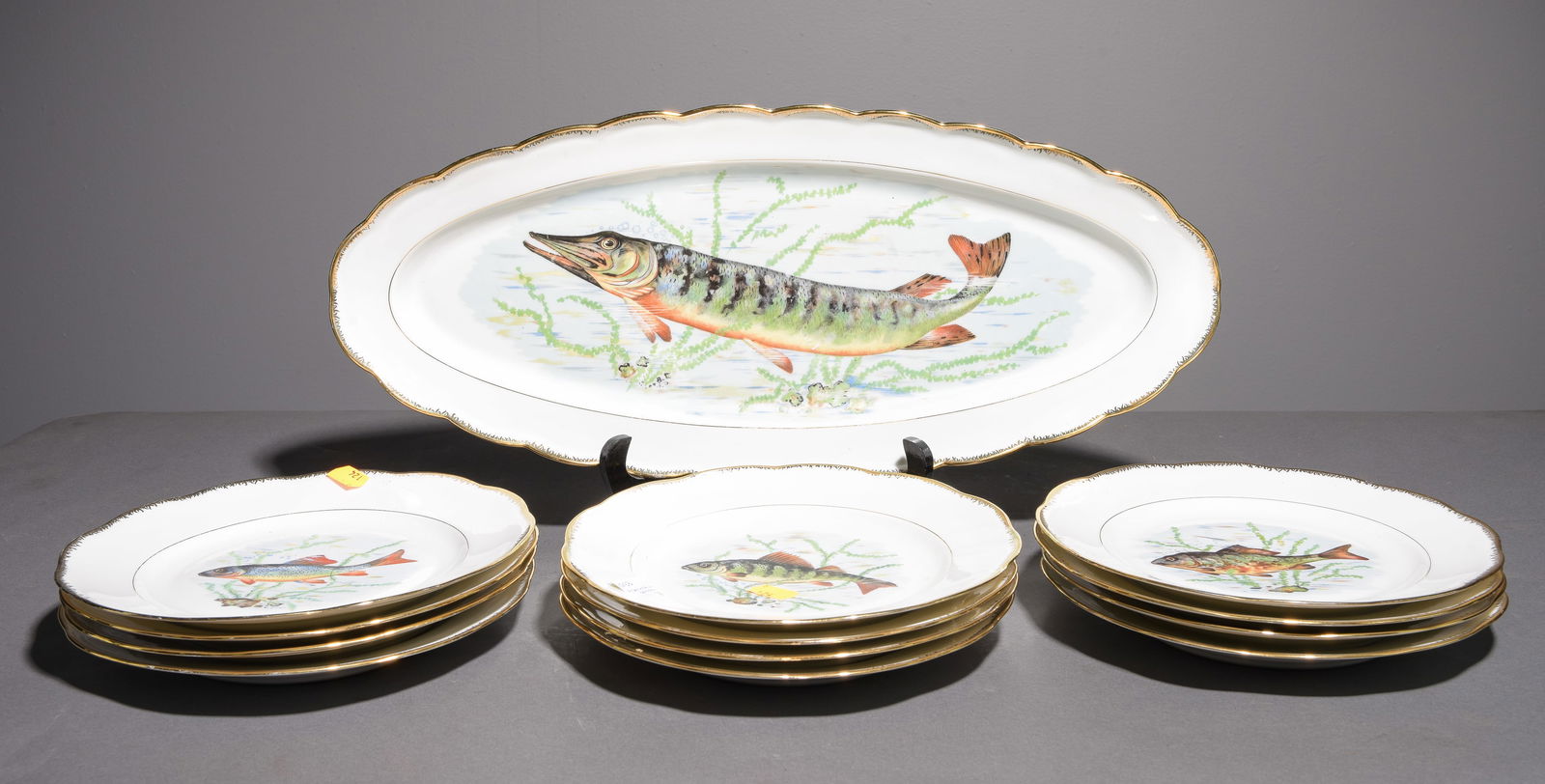13pc French Fish Plate Set - Platter & 12 Plates: 13pc French Fish Plate Set - Platter & 12 Plates - Platter is 1.5 in tall x 21.25 x 9