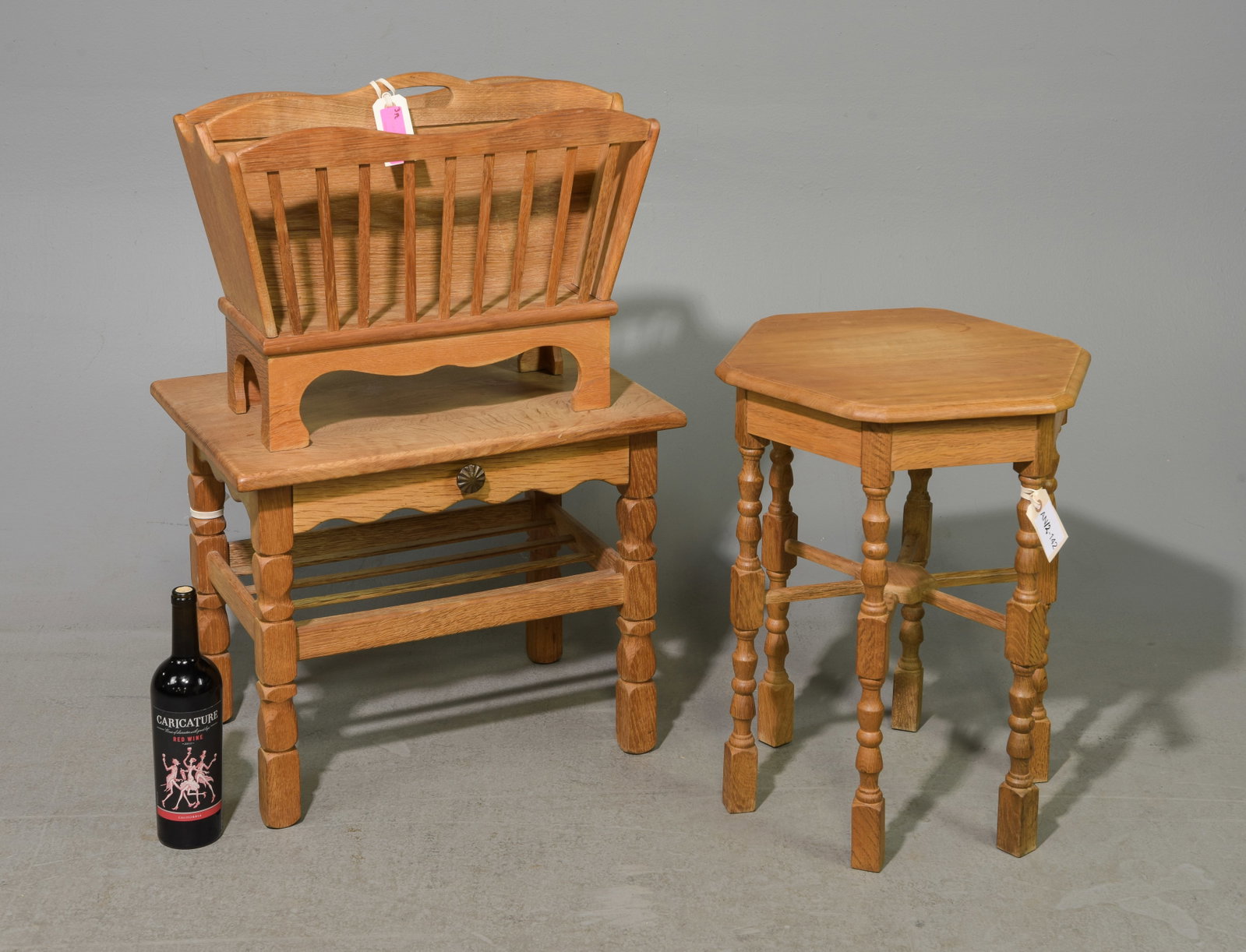 3pcs Danish Oak Occasional Tables & Magazine Rack: 3pcs Danish Oak Occasional Tables & Magazine Rack - 15 in tall x 21 x 10, 18 in tall x 22 x 16 and 22 in tall x 16 x 16 - Similar in style to / possibly by : S. Thrane & Son / Henning Kjaernulf / Guil