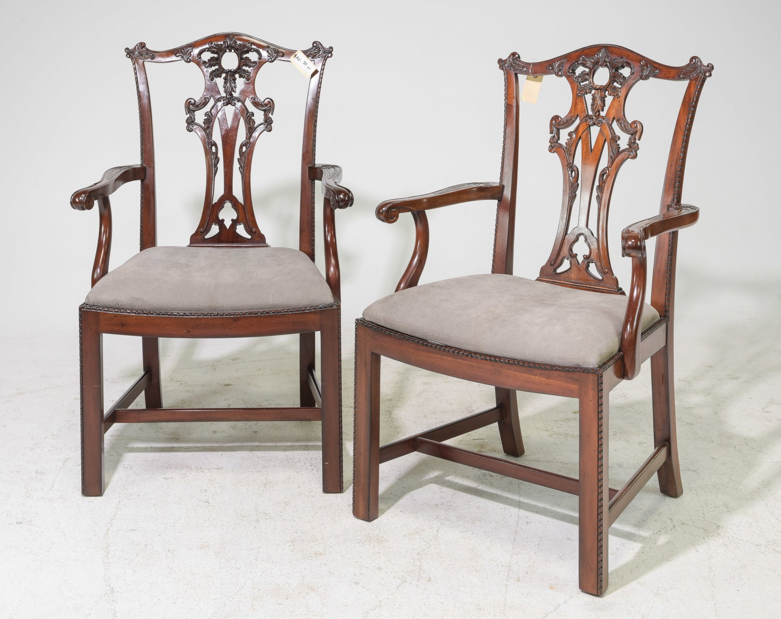 Chippendale Style Pair of Mahogany Arm Chairs: Chippendale Style Pair of Mahogany Arm Chairs - 40.5 in tall x 26 x 24 each with a seat height of 20 inches