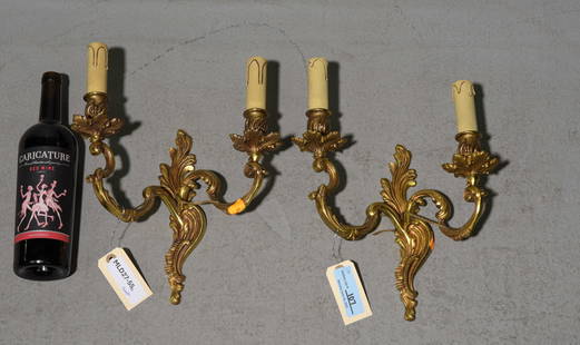 French Pair of Louis XV Style Gold Sconces: French Pair of Louis XV Style Gold Two Arm Sconces - 14 in tall x 11.5 x 5.5 each