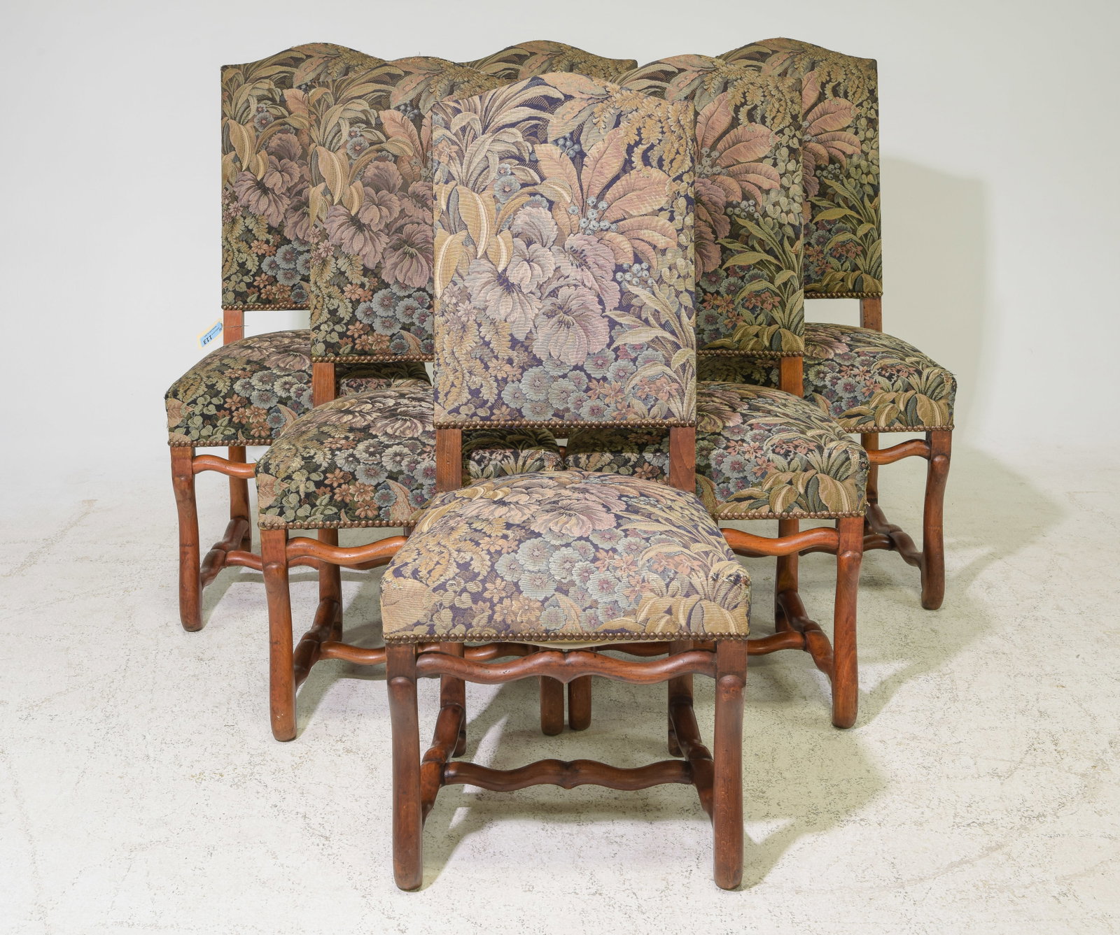 French Mouton Style Set of 6 Dining Chairs: French Mouton Style Set of 6 Dining Chairs with Foliate Upholstery - 32.5 in tall x 19.5 x 22 each with a seat height of 20 inches