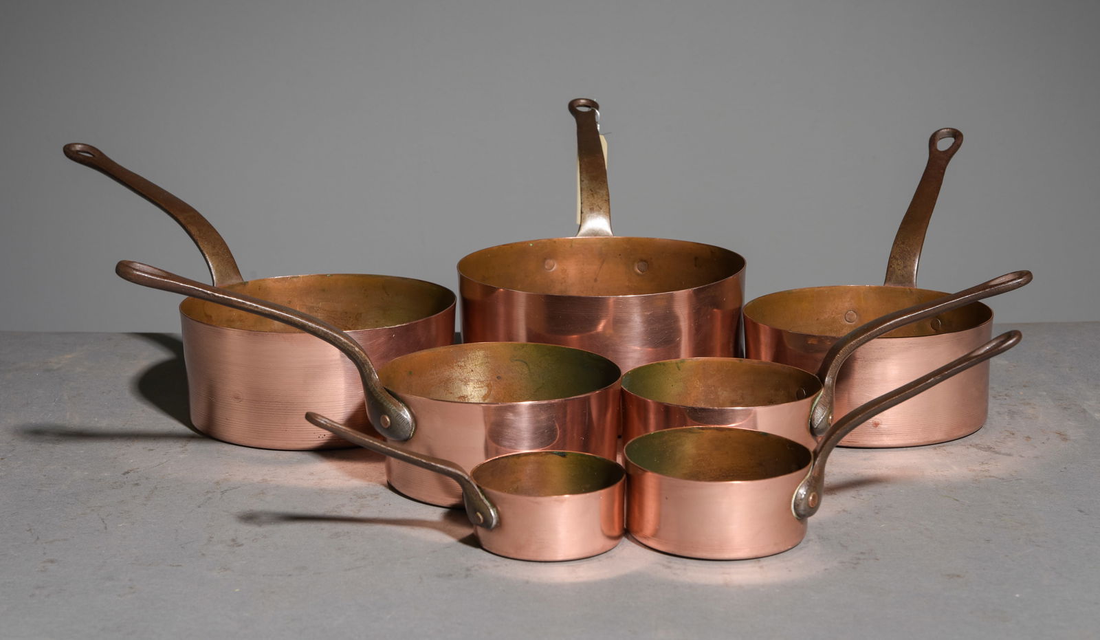 French Copper Set of 7 Sauce Pans #1: French Copper Set of 7 Sauce Pans with Iron Handles - Largest is 7 in tall x 16.5 x 8 - Measurements are for shipping purposes and measured to the largest points