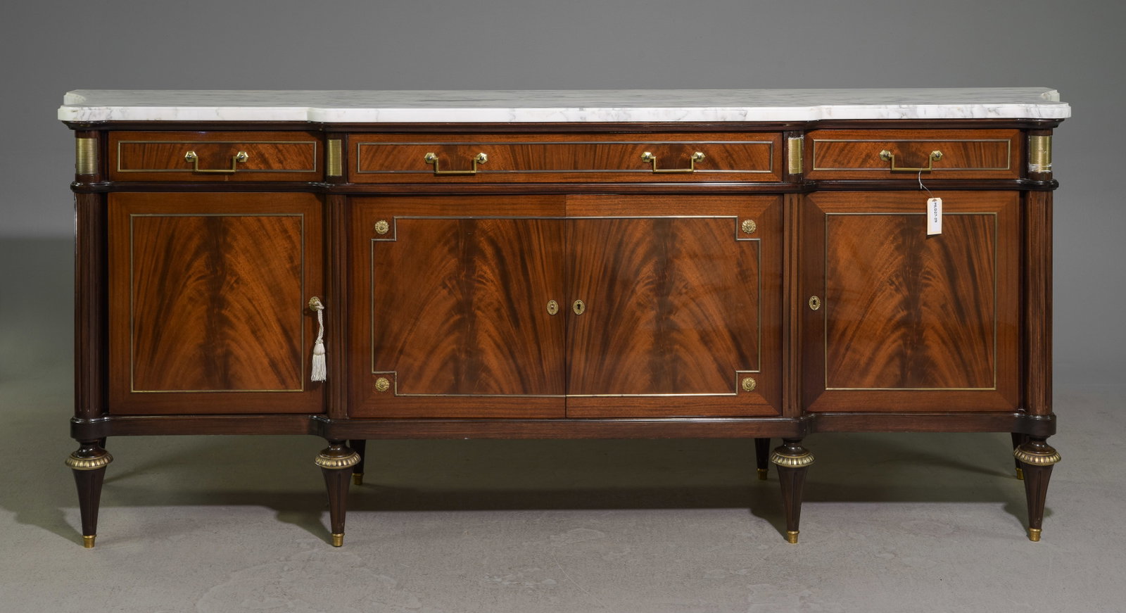 Louis XVI Style White Marble Top Sideboard: French Louis XVI Style White Marble Top Mahogany Sideboard / Enfilade with Shaped Sides - 39 in tall x 96 x 22.5 - This is 8 feet long
