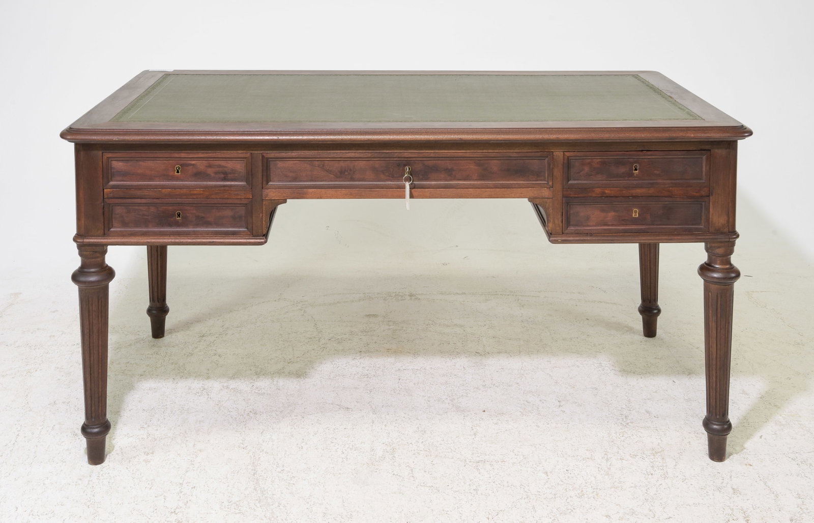 Louis XVI Style Green Vinyl Top Desk: French Louis XVI Style Green Vinyl Top Mahogany Desk - 30 in tall x 60 x 32, Kneehole is 23.75 x 23