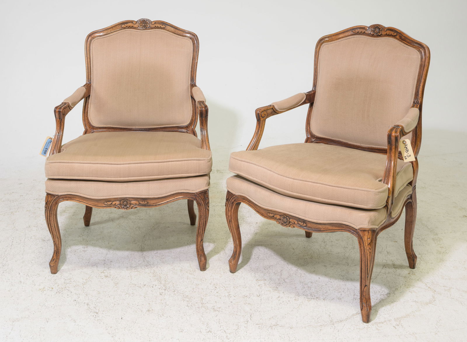 French Style Pair of Bergere Arm Chairs: French Style Pair of Bergere Arm Chairs - These are not antique - 37.5 in tall x 28 x 30 each with a seat height of 20 inches