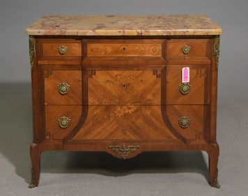 French Marquetry Inlaid Marble Top Chest