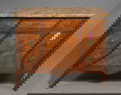 French Marquetry Inlaid Marble Top Chest: French Marquetry Inlaid Marble Top Three Drawer Chest with Gilded Ormolu Accents - 34 in tall x 40.5 x 20