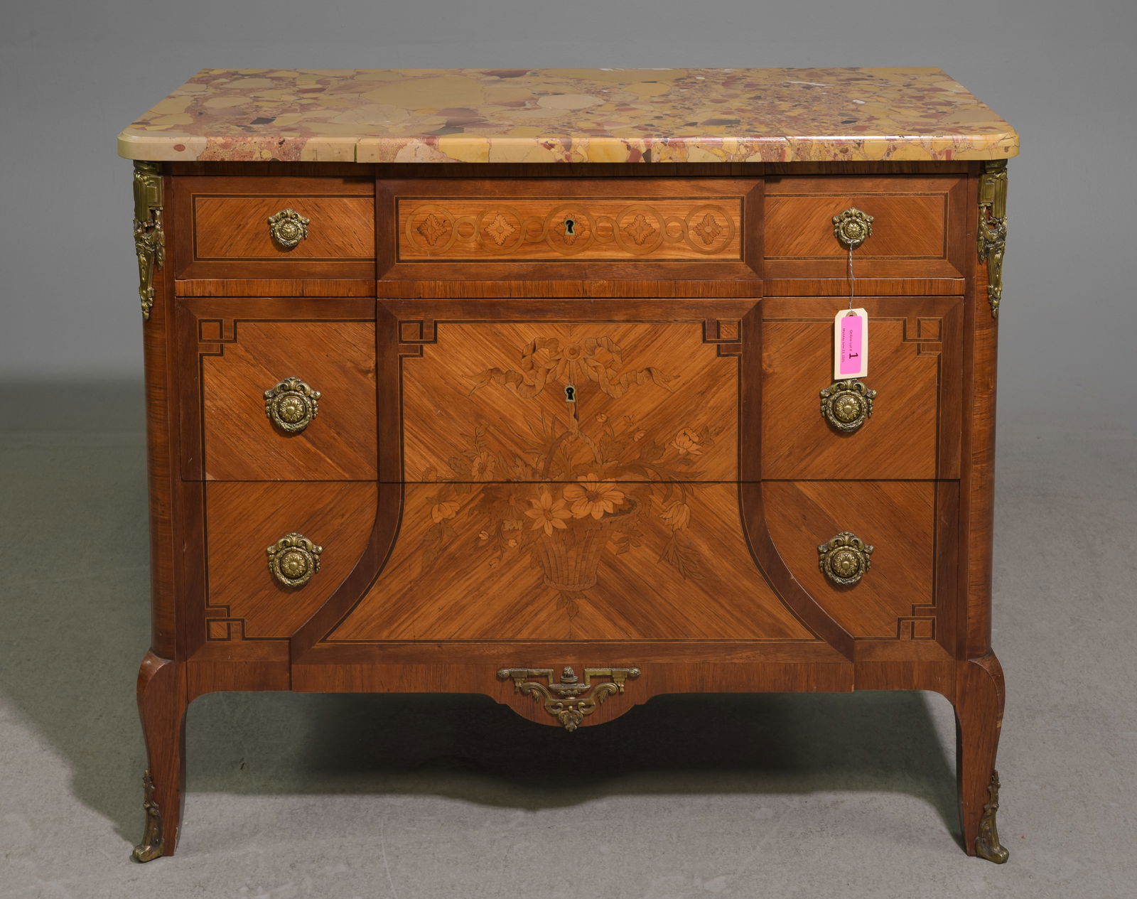 French Marquetry Inlaid Marble Top Chest