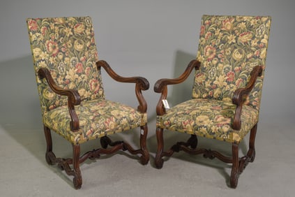 Louis XIV Style Pair of Oak Fireside Arm Chairs