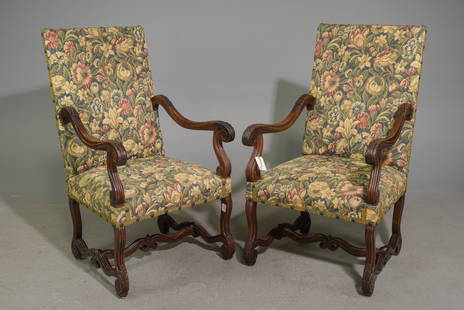 Louis XIV Style Pair of Oak Fireside Arm Chairs: French Louis XIV Style Pair of Oak Fireside Arm Chairs - 45 in tall x 26 x 26.5 each with a seat height of 18 inches