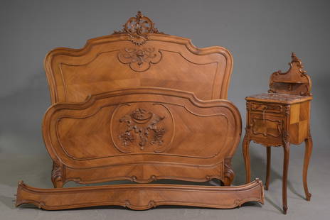 Louis XV Style Bed with Rails & Nightstand: French Louis XV Style Walnut Bed with Rails & Nightstand - Headboard is 60 in tall x 60 x 2, Rails are 75 inches long each, Nightstand is 46.5 in tall x 15 x 15 - This bed is a European size which