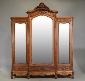 Louis XV Style Walnut Triple Mirror Door Armoire