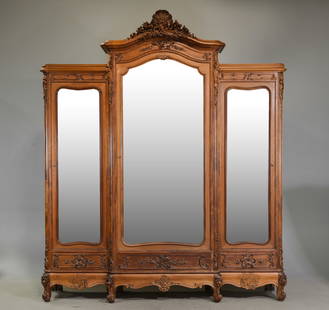Louis XV Style Walnut Triple Mirror Door Armoire: French Louis XV Style Walnut Triple Mirror Door Armoire - 105 in tall x 89.5 x 20 - This is 8.75 feet tall x 7.45 feet wide