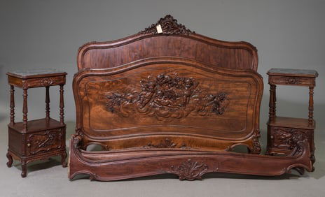 Louis XV Style Carved Bed with Rails & 2 Nightstands
