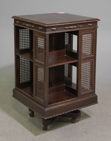 British Oak Caned Revolving Bookshelf