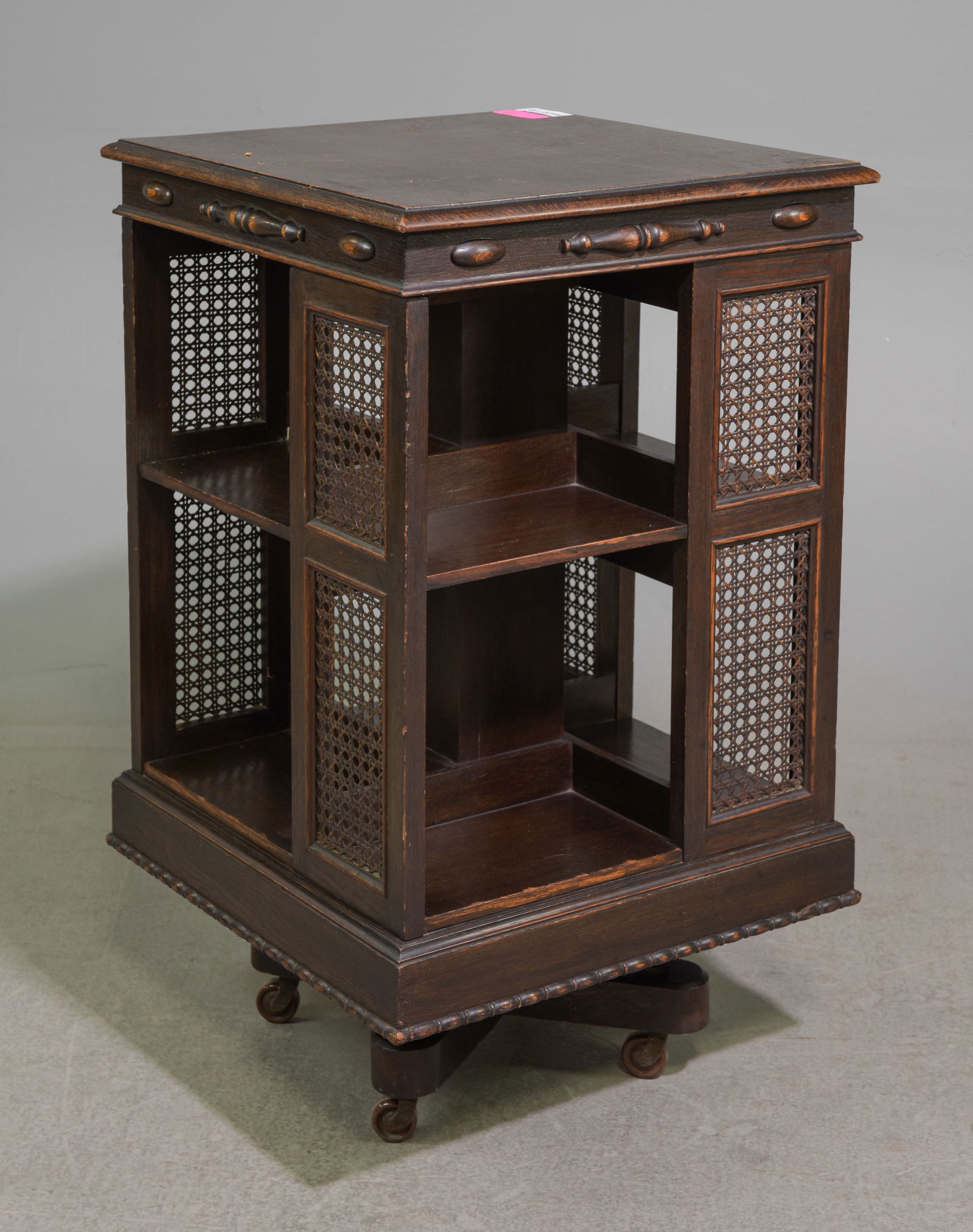 British Oak Caned Revolving Bookshelf: British Oak Caned Revolving Bookshelf - 34 in tall x 20 x 19.5