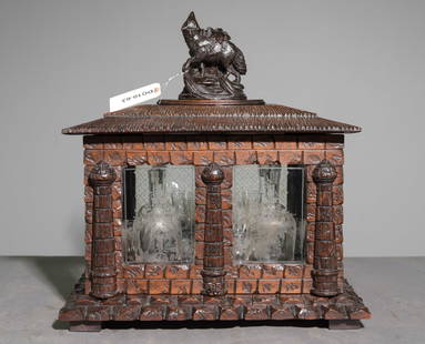 Black Forest Carved Oak Cordial Tantalus Set: Black Forest Carved Oak Cordial Tantalus Set - 18 in tall x 17 x 13 - This is missing three of the cordial glasses