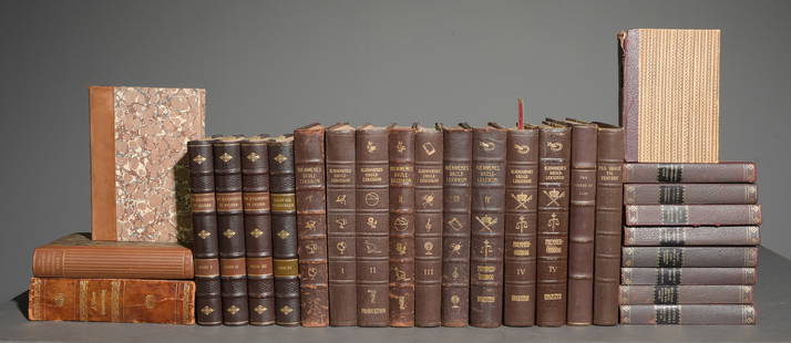 27 Assorted European Leather Bound Novels / Books #1: 27 Assorted European Leather Bound Novels / Books - Largest is 10.5 in tall x 8 x 2