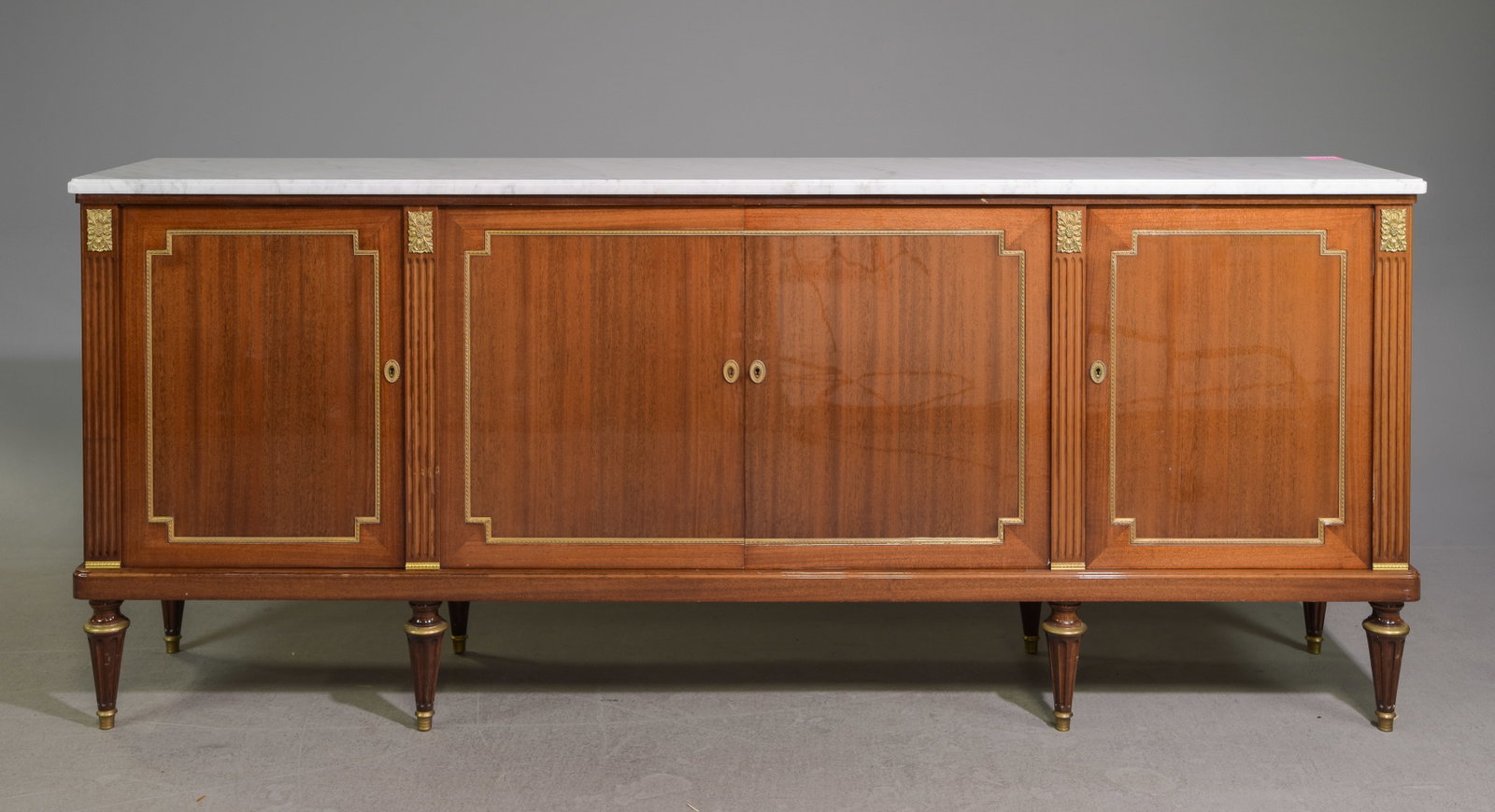 Louis XVI Style White Marble Top Sideboard: French Louis XVI Style White Marble Top Mahogany Veneer Sideboard / Enfilade - 39 in tall x 93 x 18.5