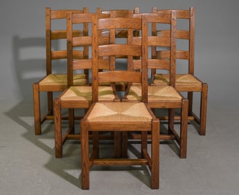 French Set of 6 Oak Ladder Back Rush Seat Chairs