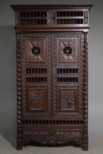 French Breton Style Carved Oak Robe #1: French Breton Style Carved Oak Double Door Robe with French Twist Column Side Details - 79 in tall x 44 x 19
