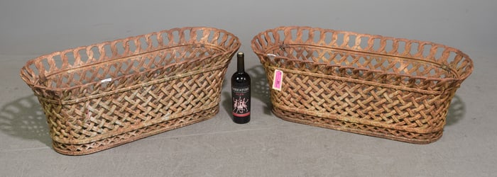 French Pair of Oval Iron Basket Weave Planters