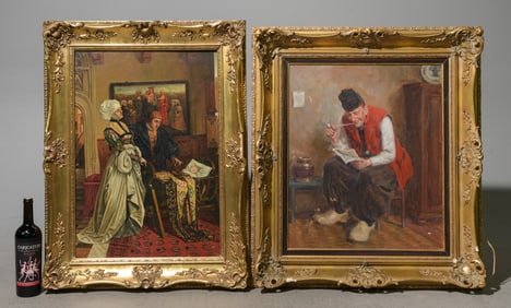 2pcs Gold Framed Oil on Board Portrait Paintings