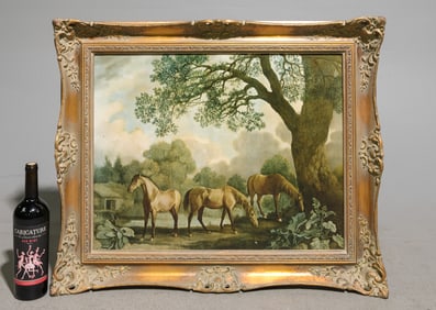 Gold Framed Oil on Canvas - Horses Grazing