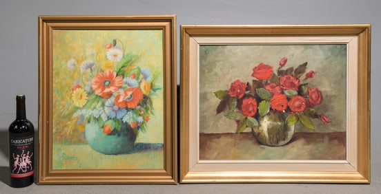 2pcs Gold Framed Oil on Canvas Floral Still Lifes