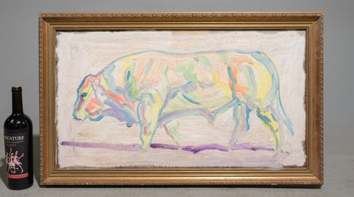 Gold Framed Oil on Board - Polychrome Cow #1