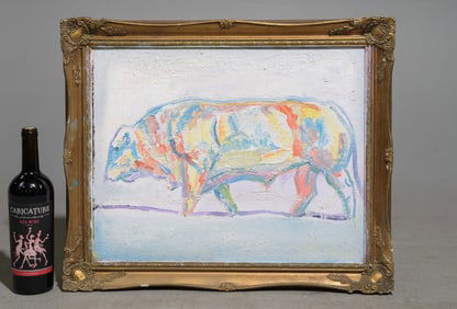 Gold Framed Oil on Board - Polychrome Cow #2