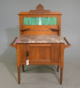 English Pine Marble Top Washstand with Tile Back
