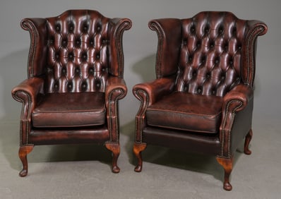 British Leather Chesterfield Pair of Wing Back Chairs
