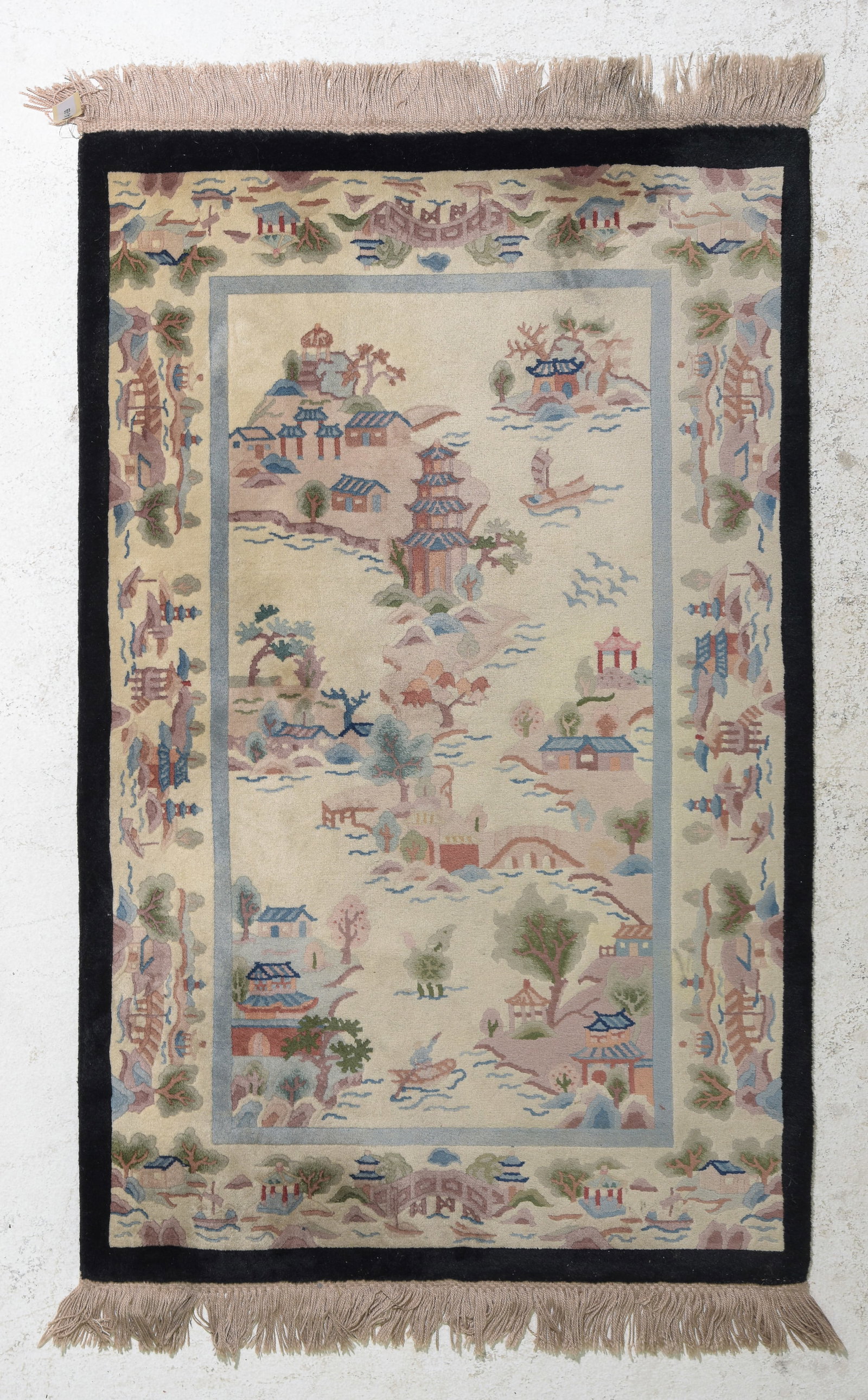 Hand Knotted Asian Rug - 5'7 x 3'6: Hand Knotted Asian Design Rug with Black Border - 5'7 x 3'6