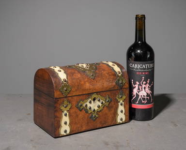 Antique Burled Tea Caddy: Antique Burled Tea Caddy with Brass & Horn Adornments - 6.5 in tall x 9 x 5