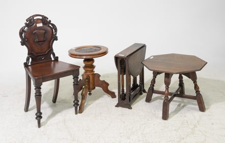 4pcs English Oak Tables, Hall Chair, Etc.