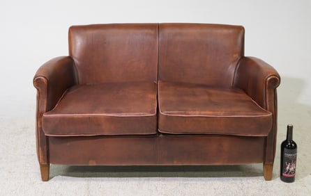 French Brown Leather Petite Loveseat
