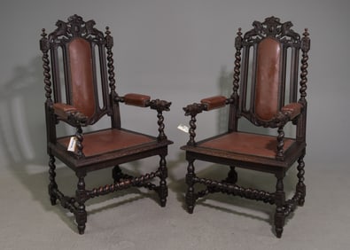 Renaissance Style Pair of Barley Twist Oak Chairs