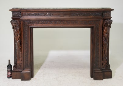 French Carved Oak Green Marble Top Mantle