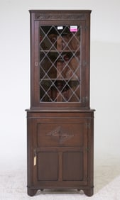 British Oak Leaded Glass Corner Cabinet