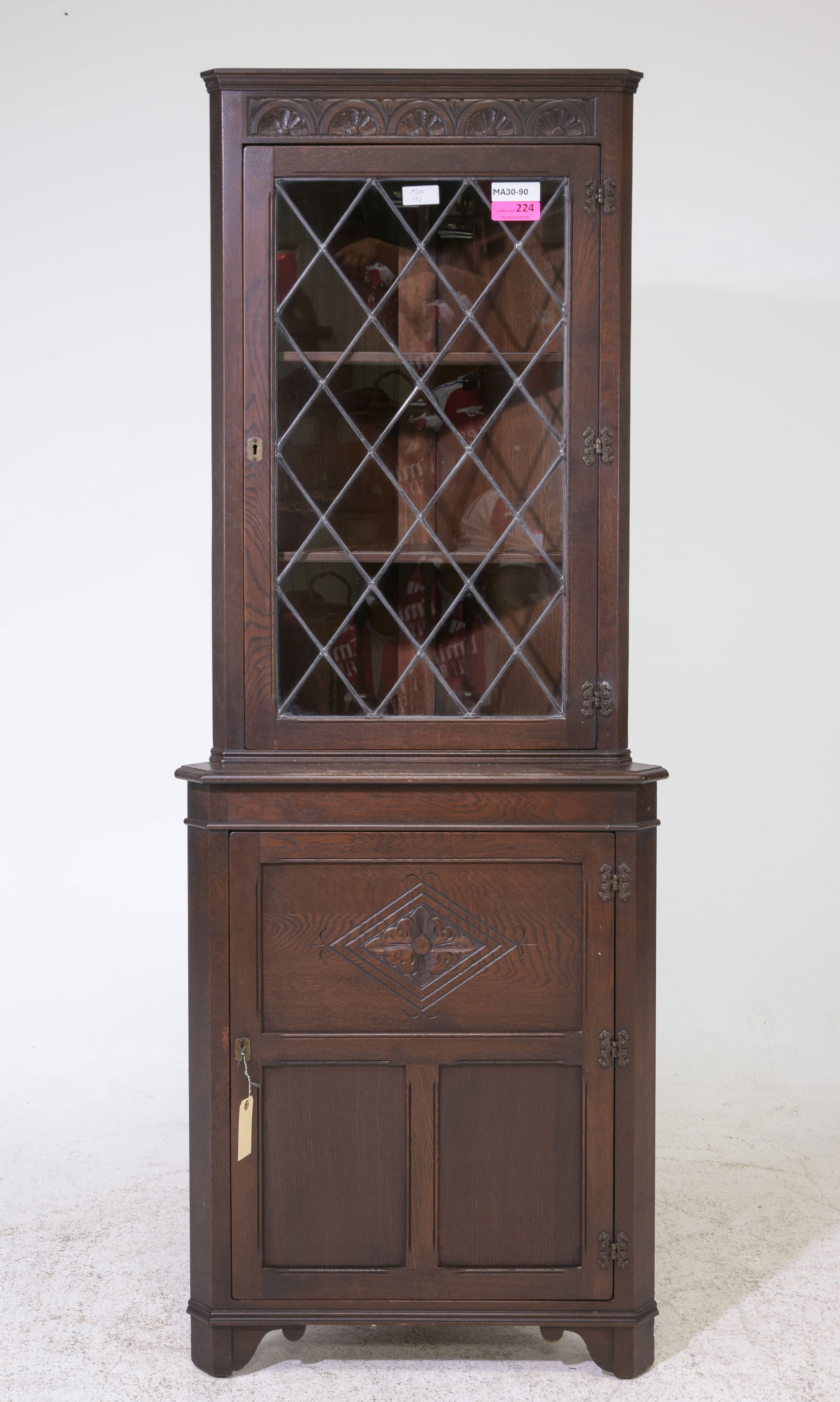 British Oak Leaded Glass Corner Cabinet: British Oak Leaded Glass Corner Cabinet - 72 in tall x 27 x 18
