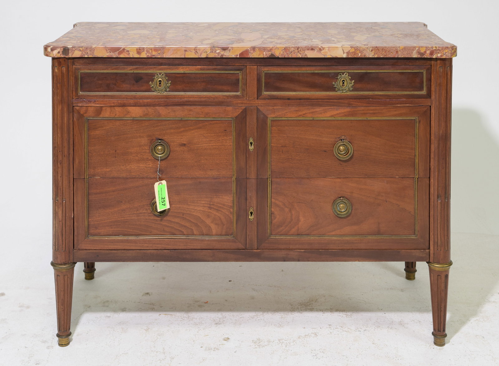 Louis XVI Style Marble Top 4 Drawer Chest: French Louis XVI Style Marble Top 4 Drawer Mahogany Chest - 34.5 in tall x 46 x 19