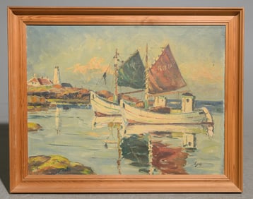 Danish Pine Framed Acrylic on Canvas - Boats