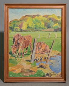 Danish Pine Framed Acrylic on Canvas - Cows