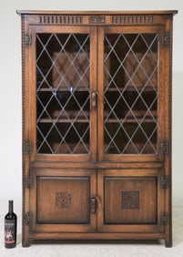 British Oak Leaded Glass Bookcase / Cabinet
