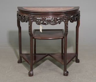 Chinese Carved Demilune Hall Table with Inset Marble