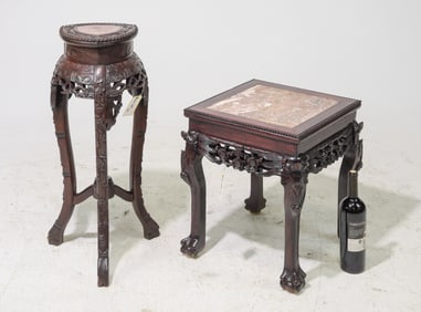 2 Asian Hand Carved Occasional Tables with Marble