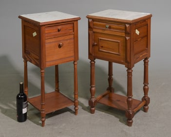 2 French Pine & Walnut Marble Top Nightstands