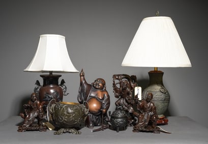 8pcs Asian / Chinese Bronze Lamps, Buddha, Etc.