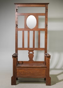 English Oak Mirror Back Hall Seat / Stand